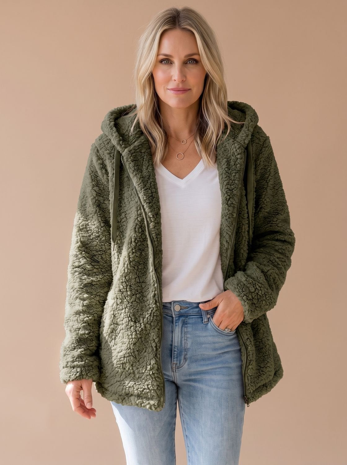 Women's Oversized Teddy Fleece Hooded Zip-Up Coat - Green