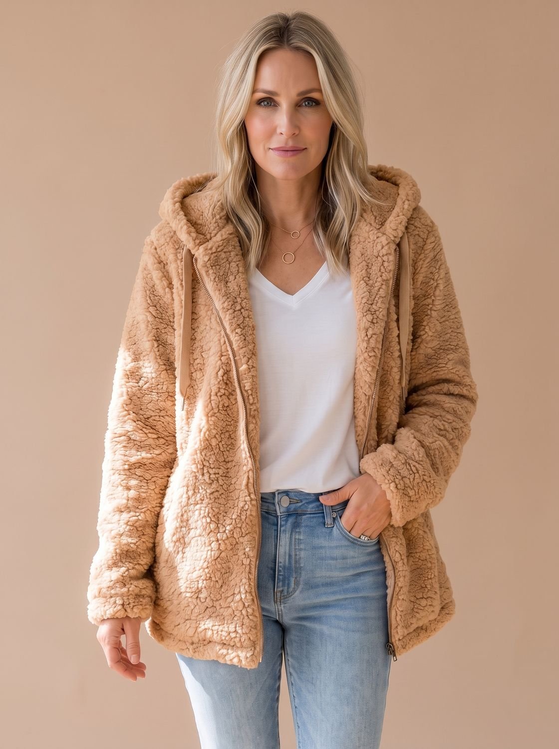 Women's Oversized Teddy Fleece Hooded Zip-Up Coat - Cappuccino