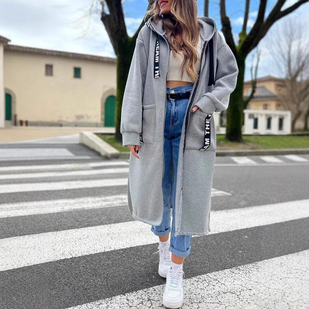 Women's Oversized Longline Hooded Zip-Up Coat - Gray