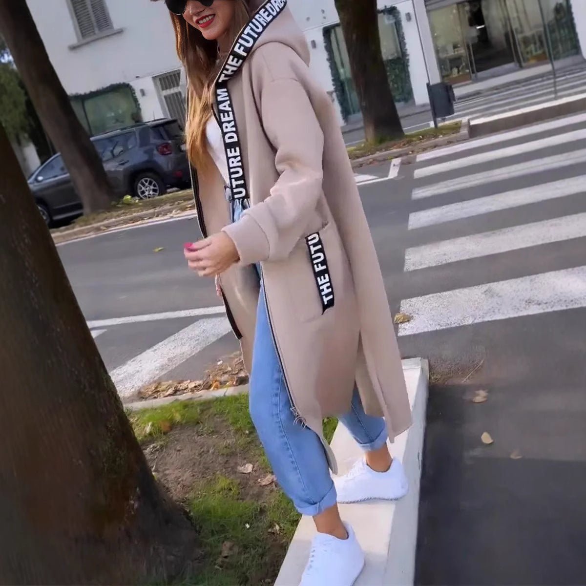 Women's Oversized Longline Hooded Zip-Up Coat - Beige