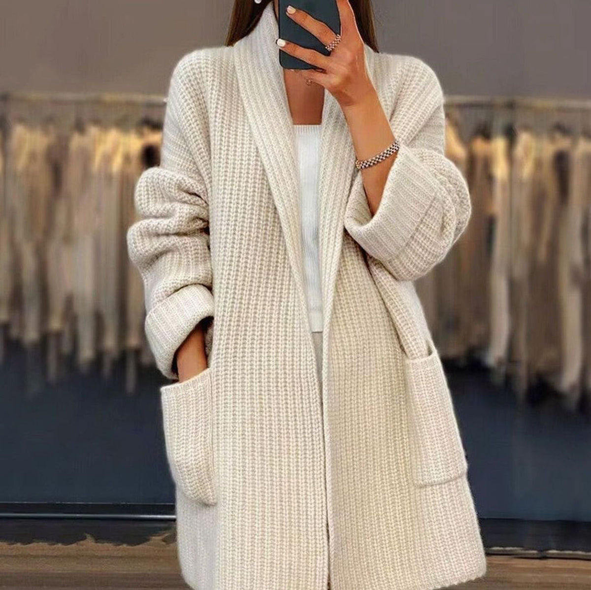 Women's Oversized Relaxed-Fit Knit Cardigan with Pockets - Khaki