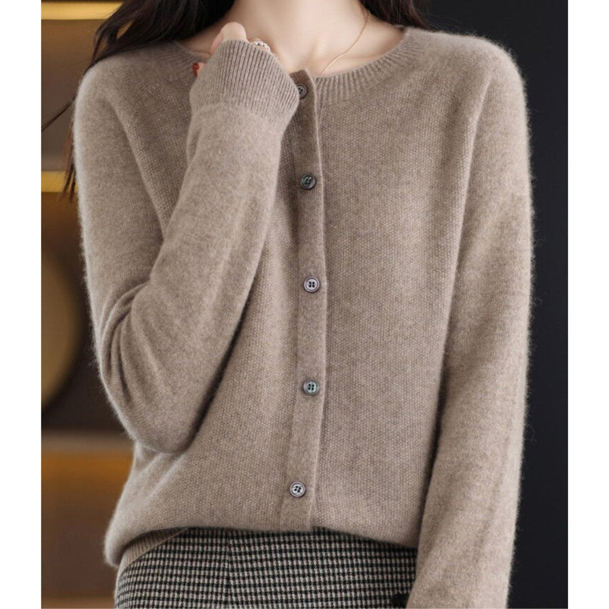 Women's Oversized Merino Wool Button-Front Knit Cardigan - Brown