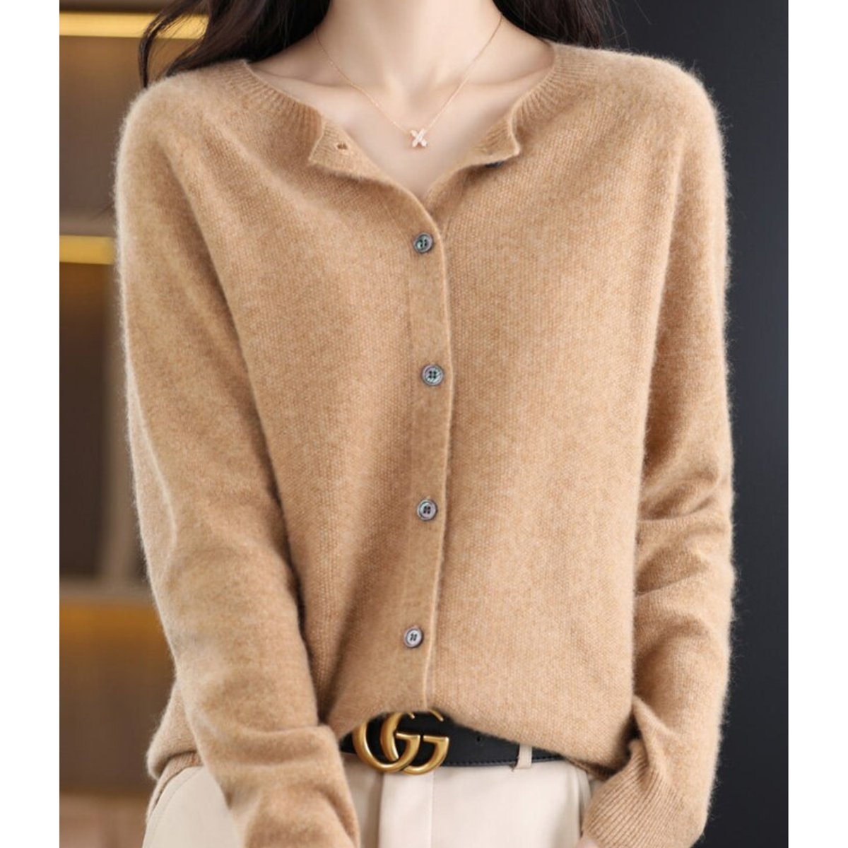 Women's Oversized Merino Wool Button-Front Knit Cardigan - Light Brown