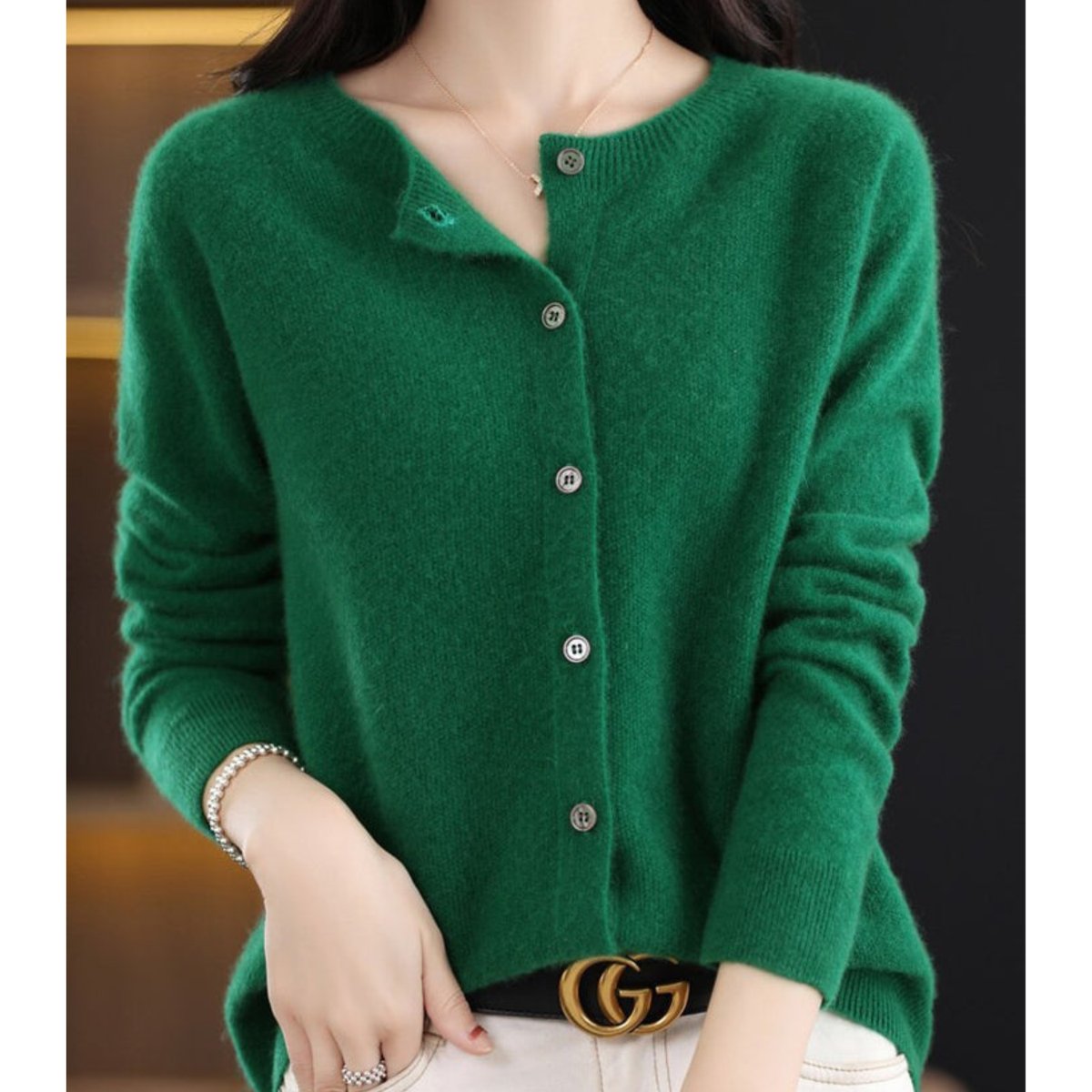 Women's Oversized Merino Wool Button-Front Knit Cardigan - Dark Green