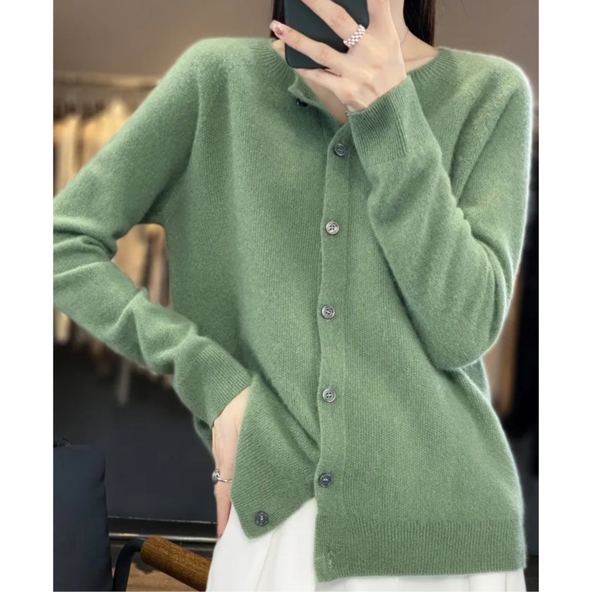 Women's Oversized Merino Wool Button-Front Knit Cardigan - Light Green