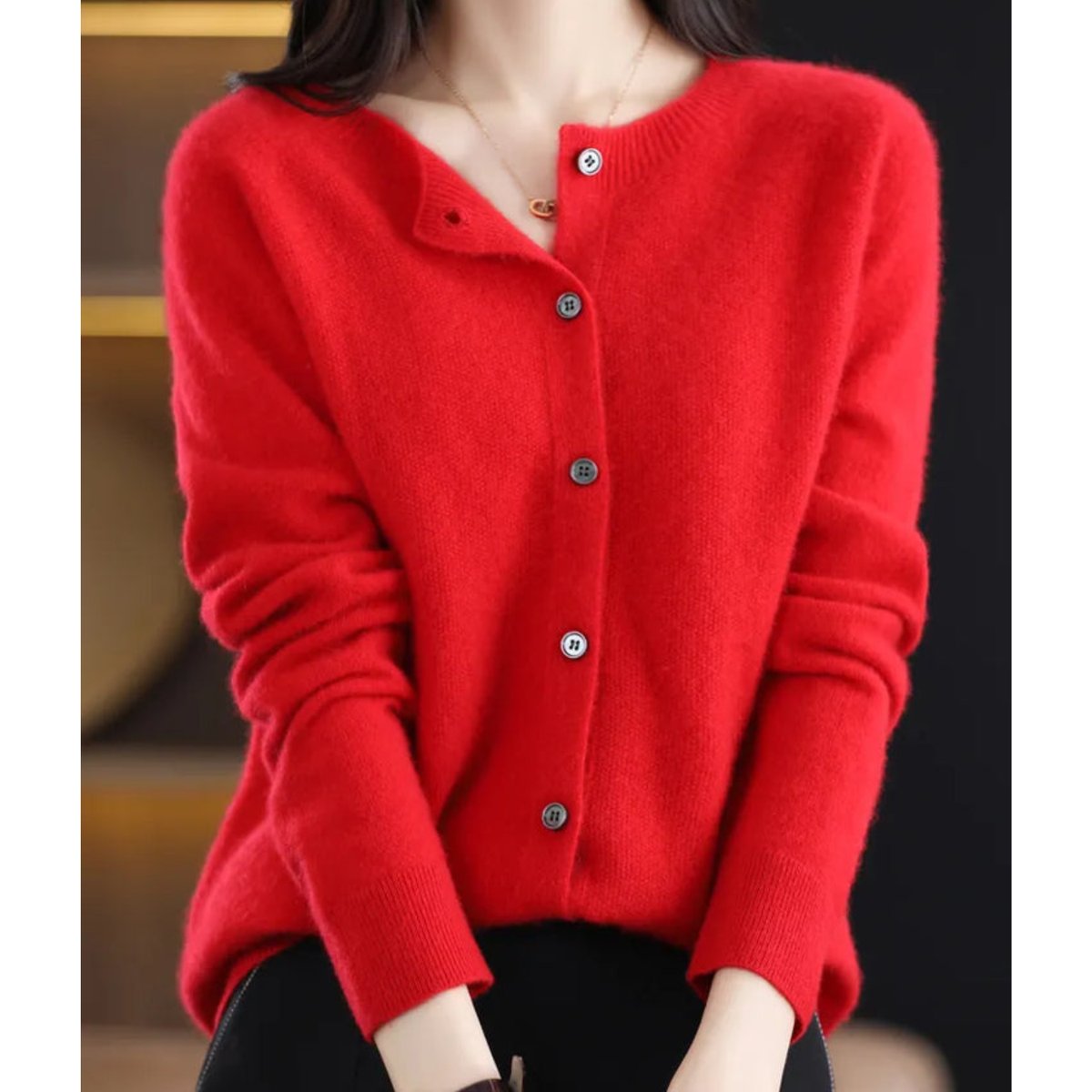 Women's Oversized Merino Wool Button-Front Knit Cardigan - Red