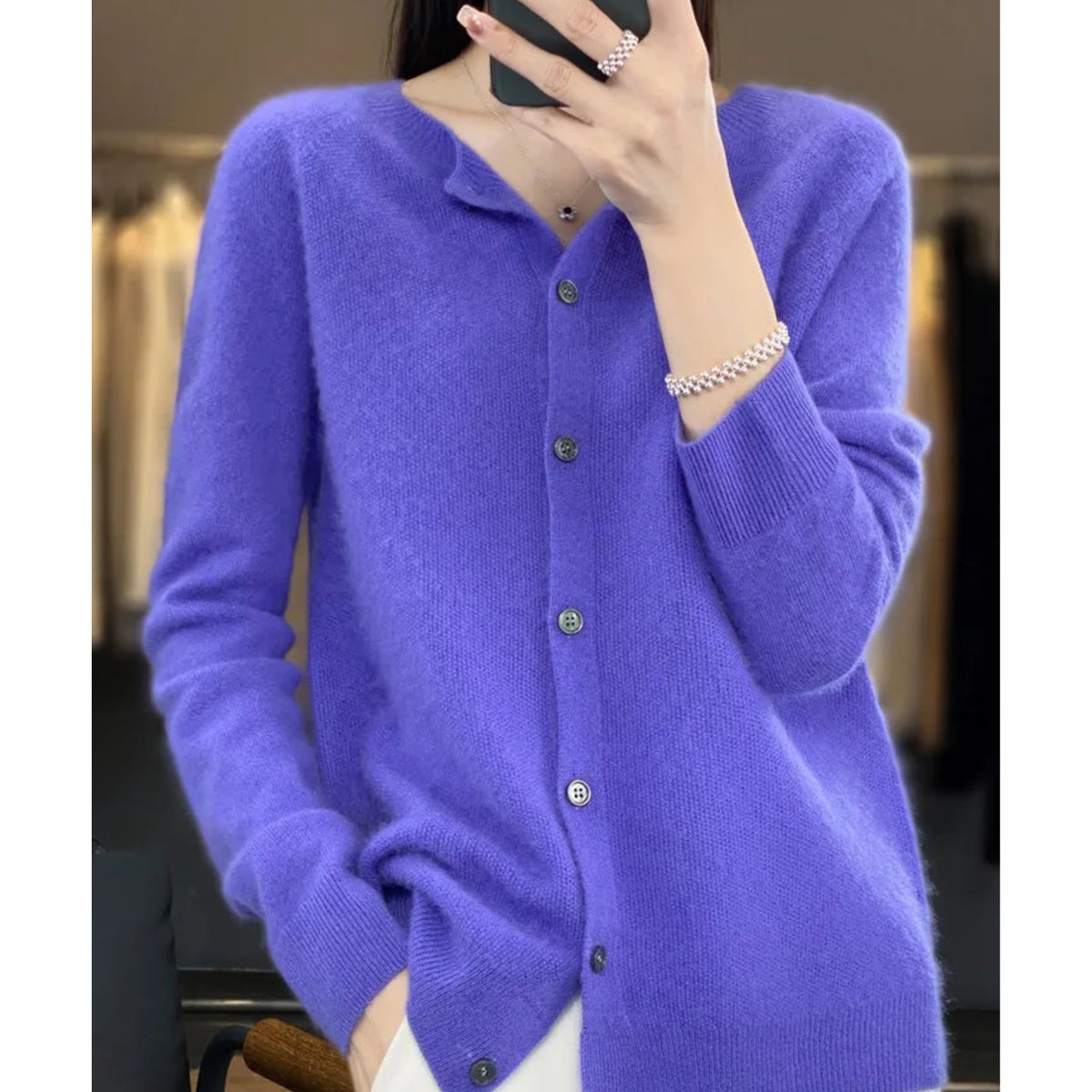 Women's Oversized Merino Wool Button-Front Knit Cardigan - Dark Blue