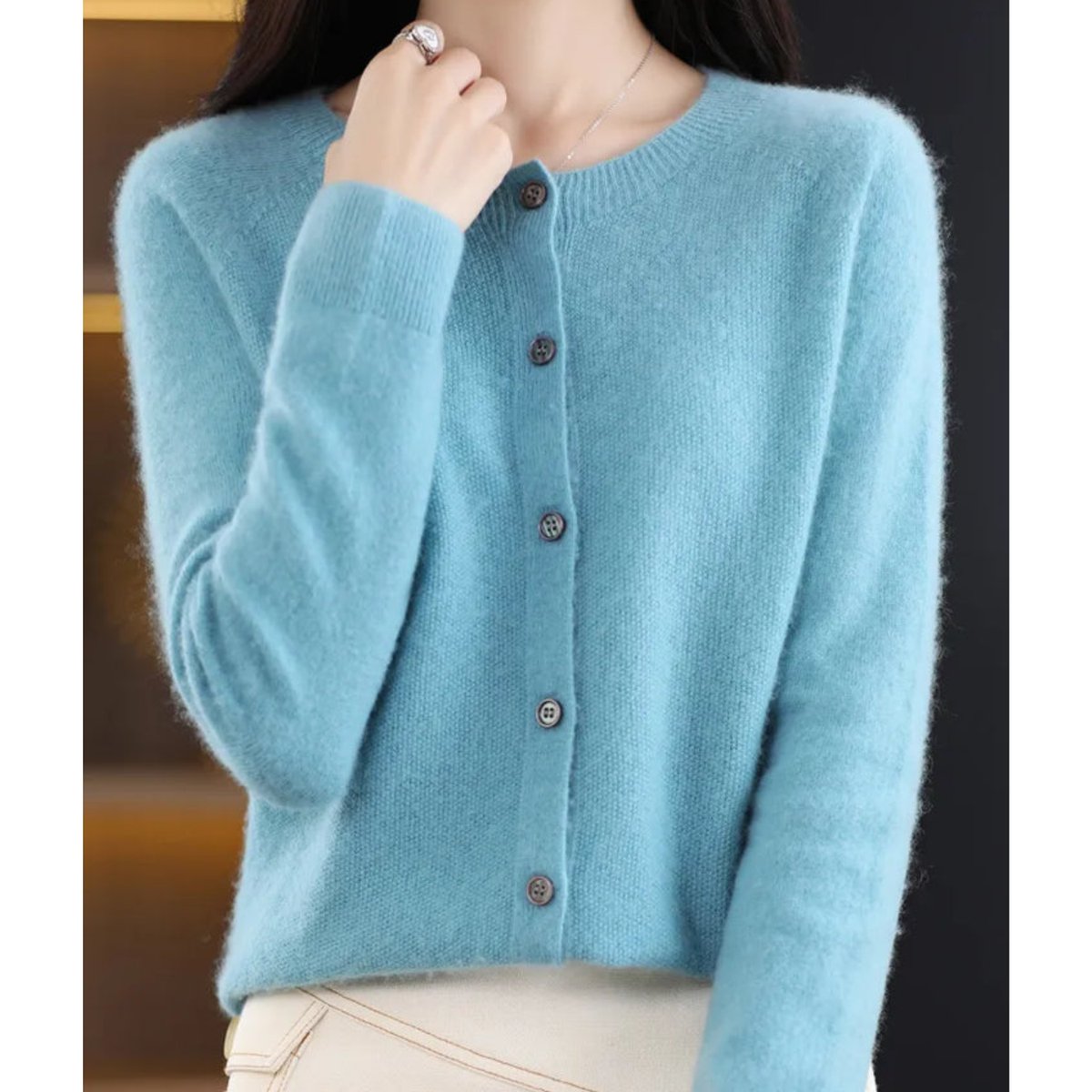 Women's Oversized Merino Wool Button-Front Knit Cardigan - Light Blue