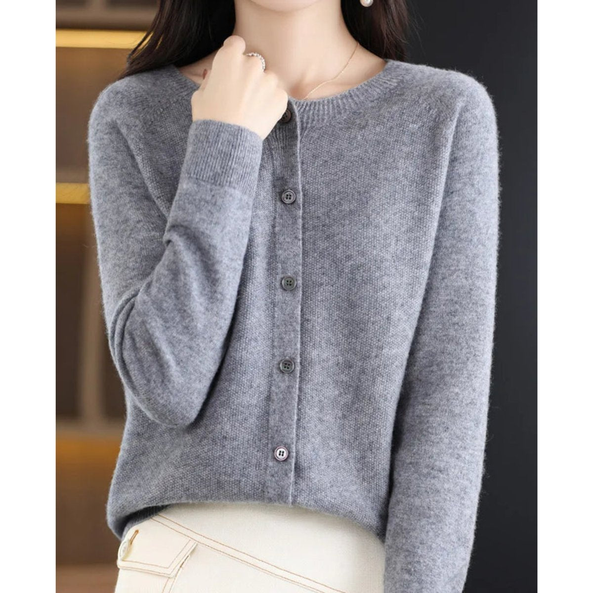 Women's Oversized Merino Wool Button-Front Knit Cardigan - Gray