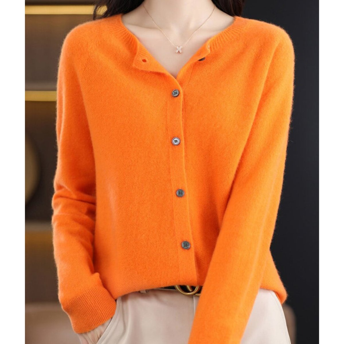 Women's Oversized Merino Wool Button-Front Knit Cardigan - Orange