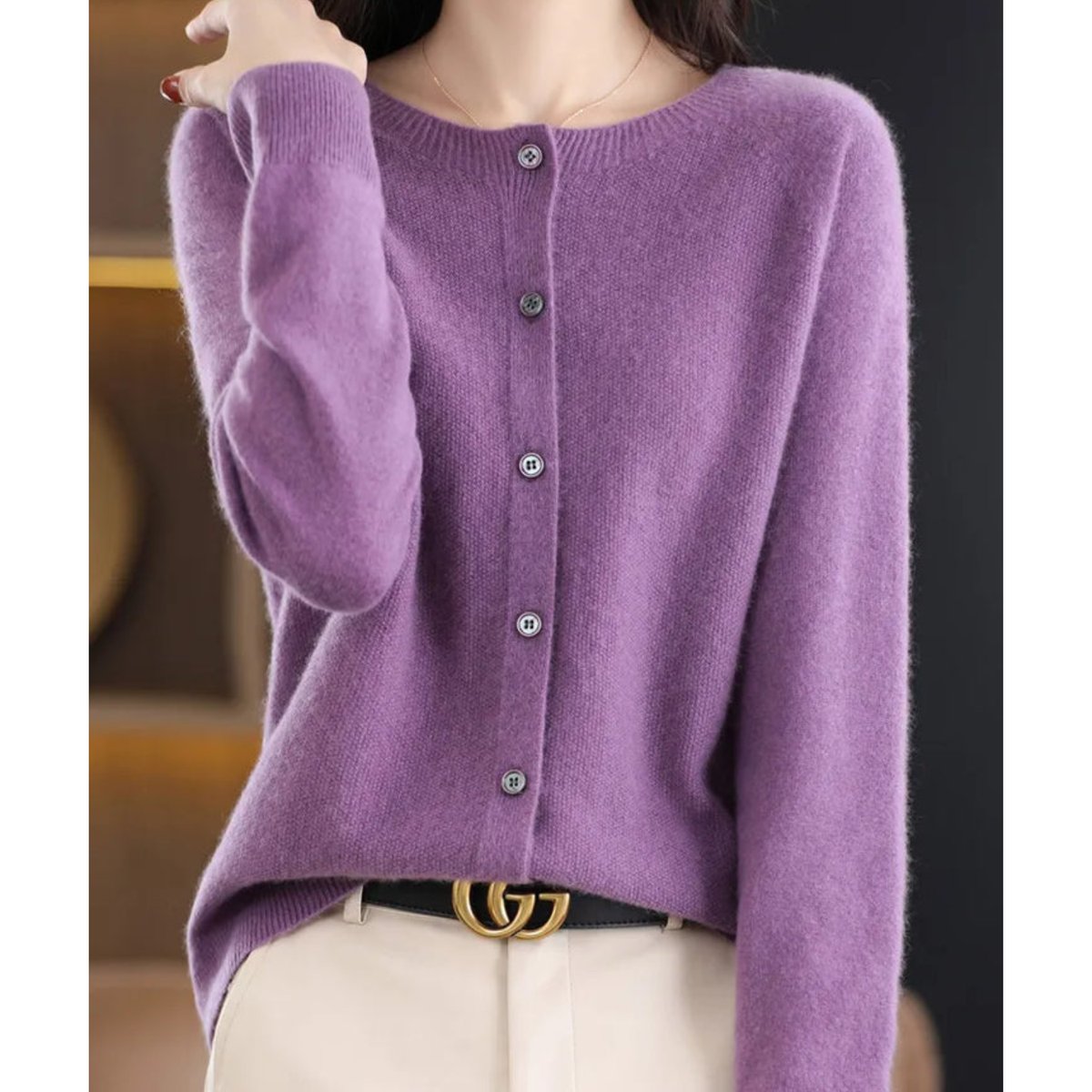 Women's Oversized Merino Wool Button-Front Knit Cardigan - Lilac