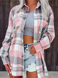 Women's Oversized Plaid Flannel Open-Front Shirt - Pink