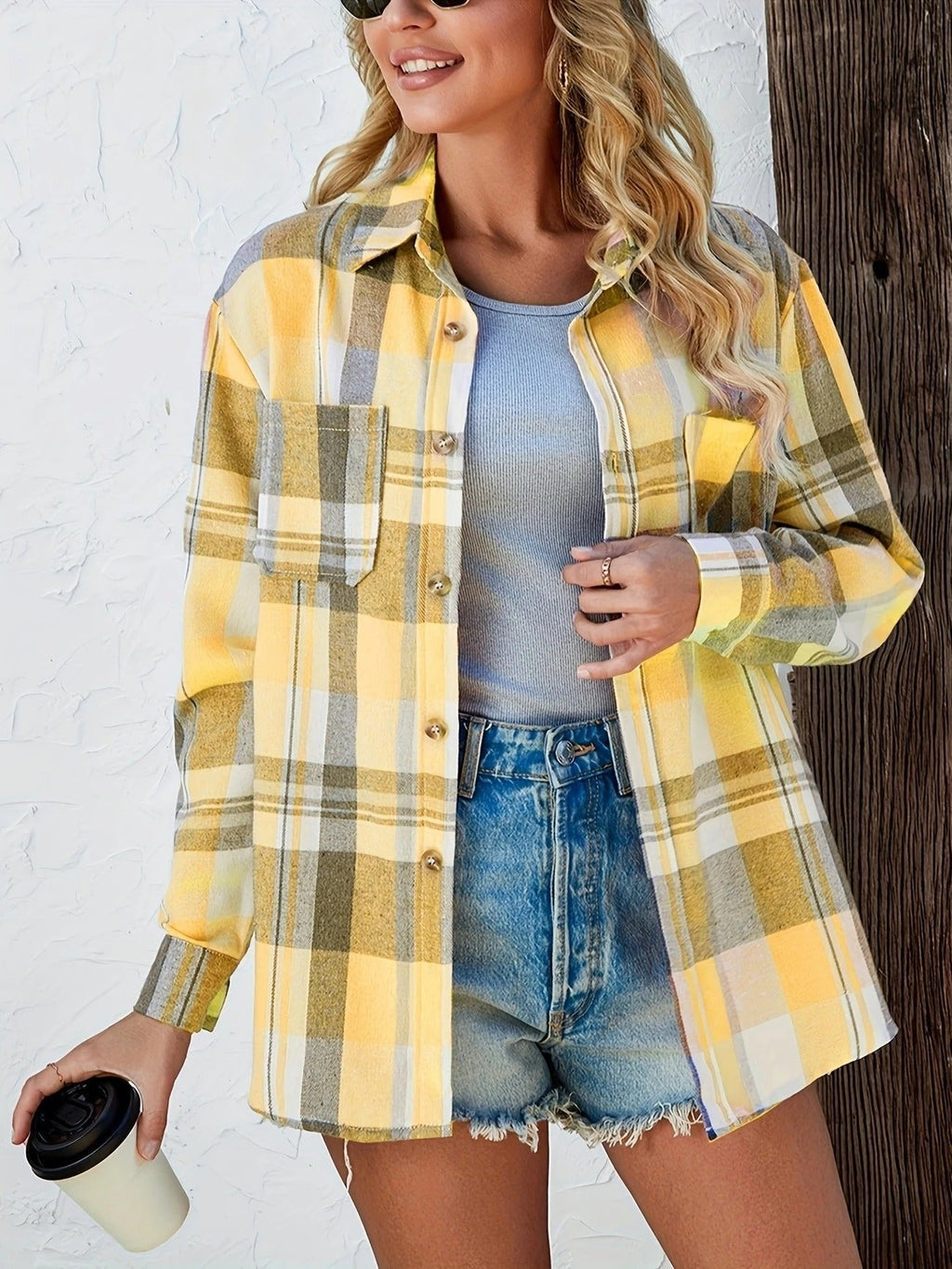 Women's Oversized Plaid Flannel Open-Front Shirt