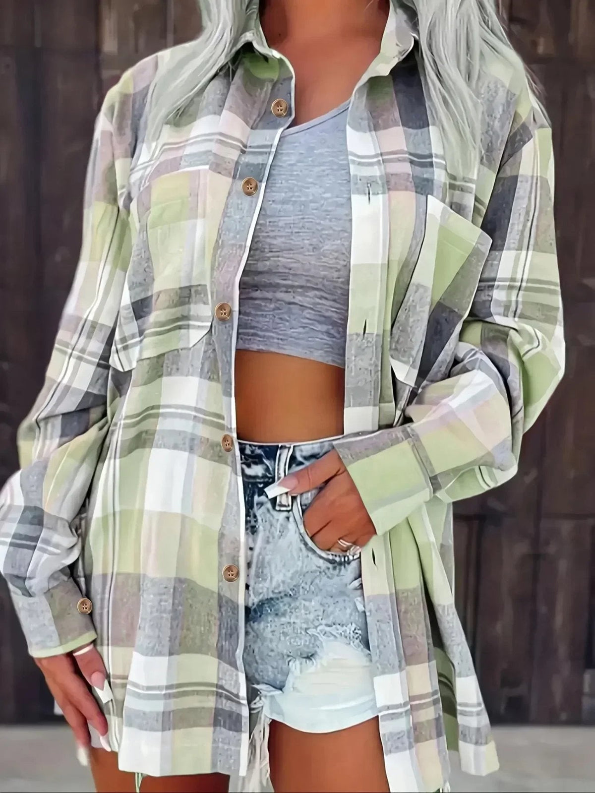 Women's Oversized Plaid Flannel Open-Front Shirt - Green