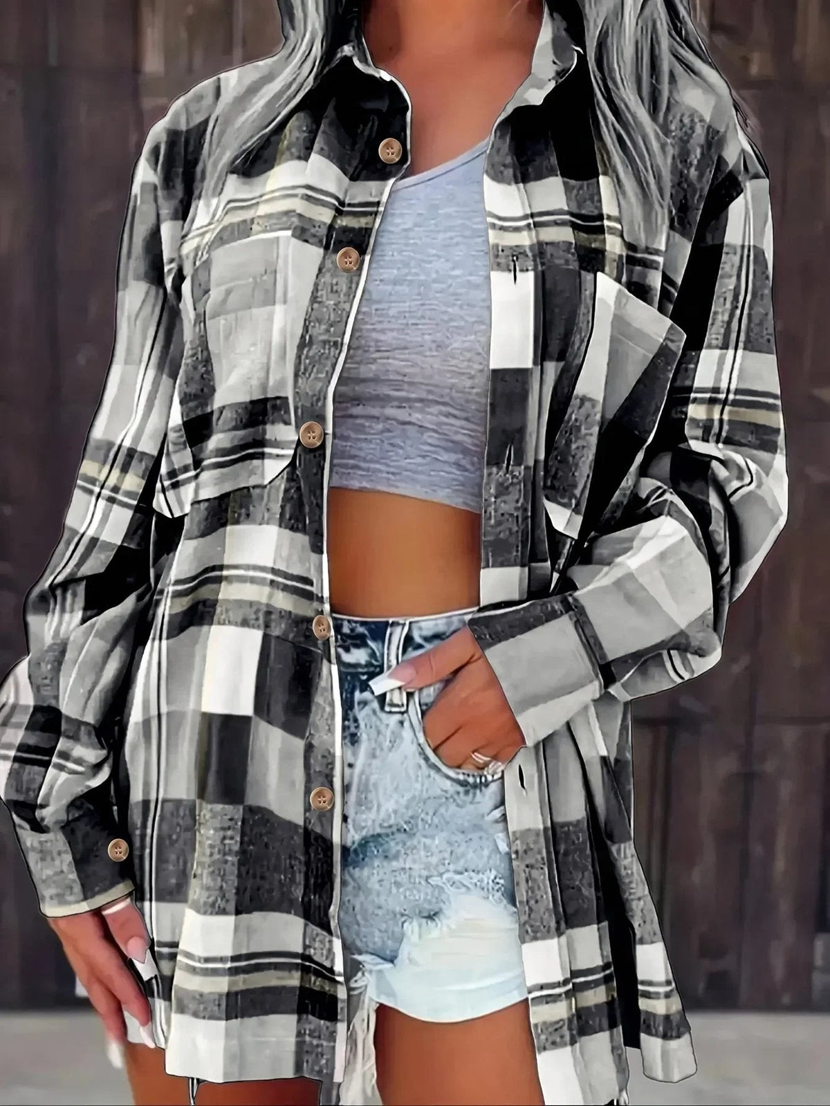 Women's Oversized Plaid Flannel Open-Front Shirt - Black