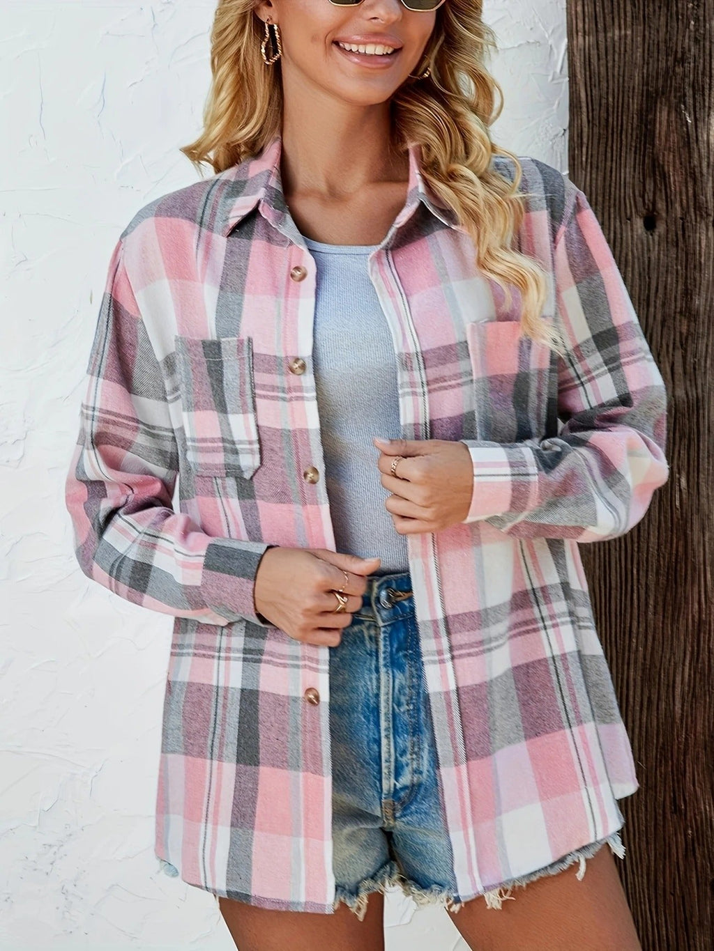 Women's Oversized Plaid Flannel Open-Front Shirt
