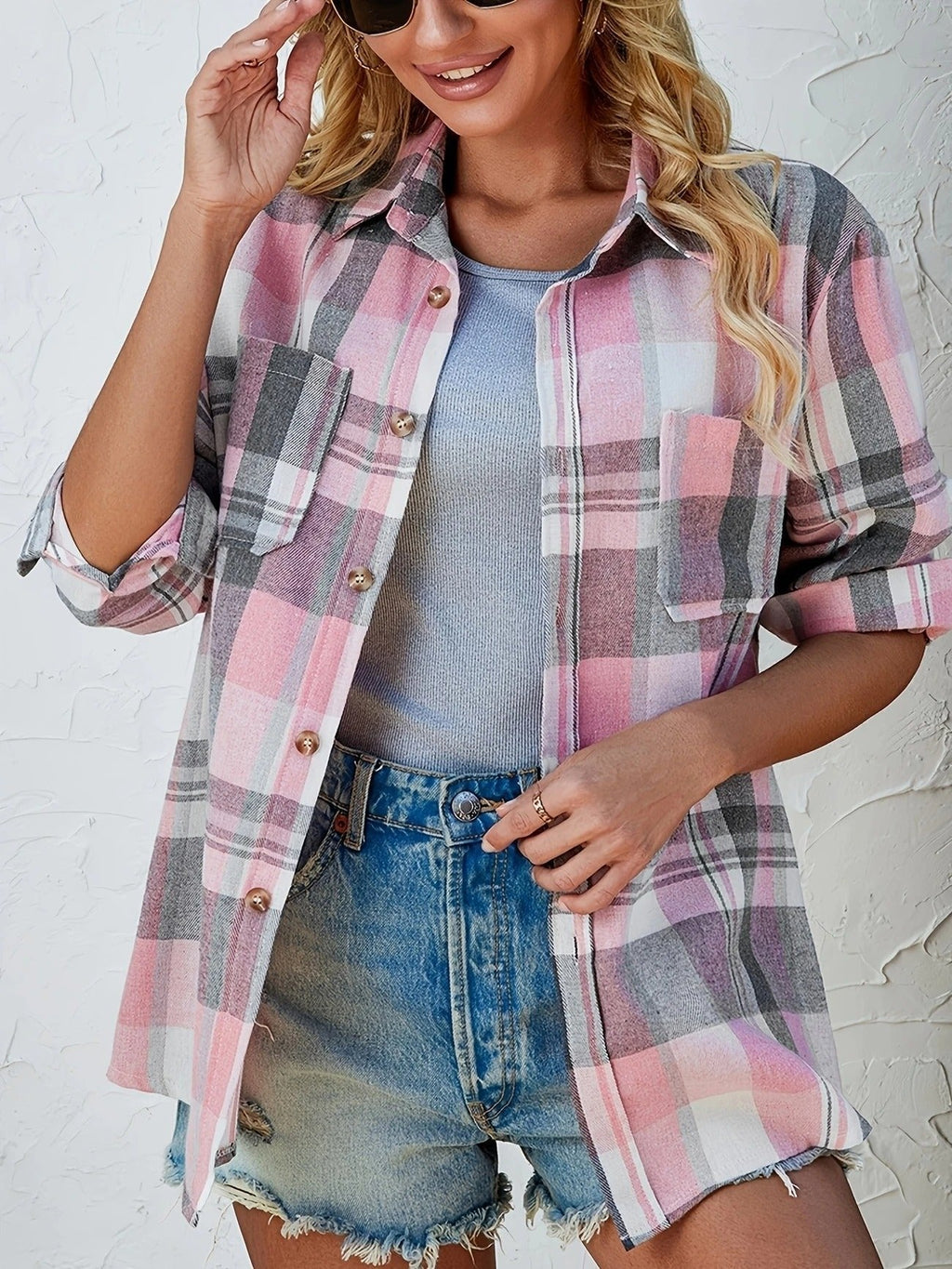 Women's Oversized Plaid Flannel Open-Front Shirt