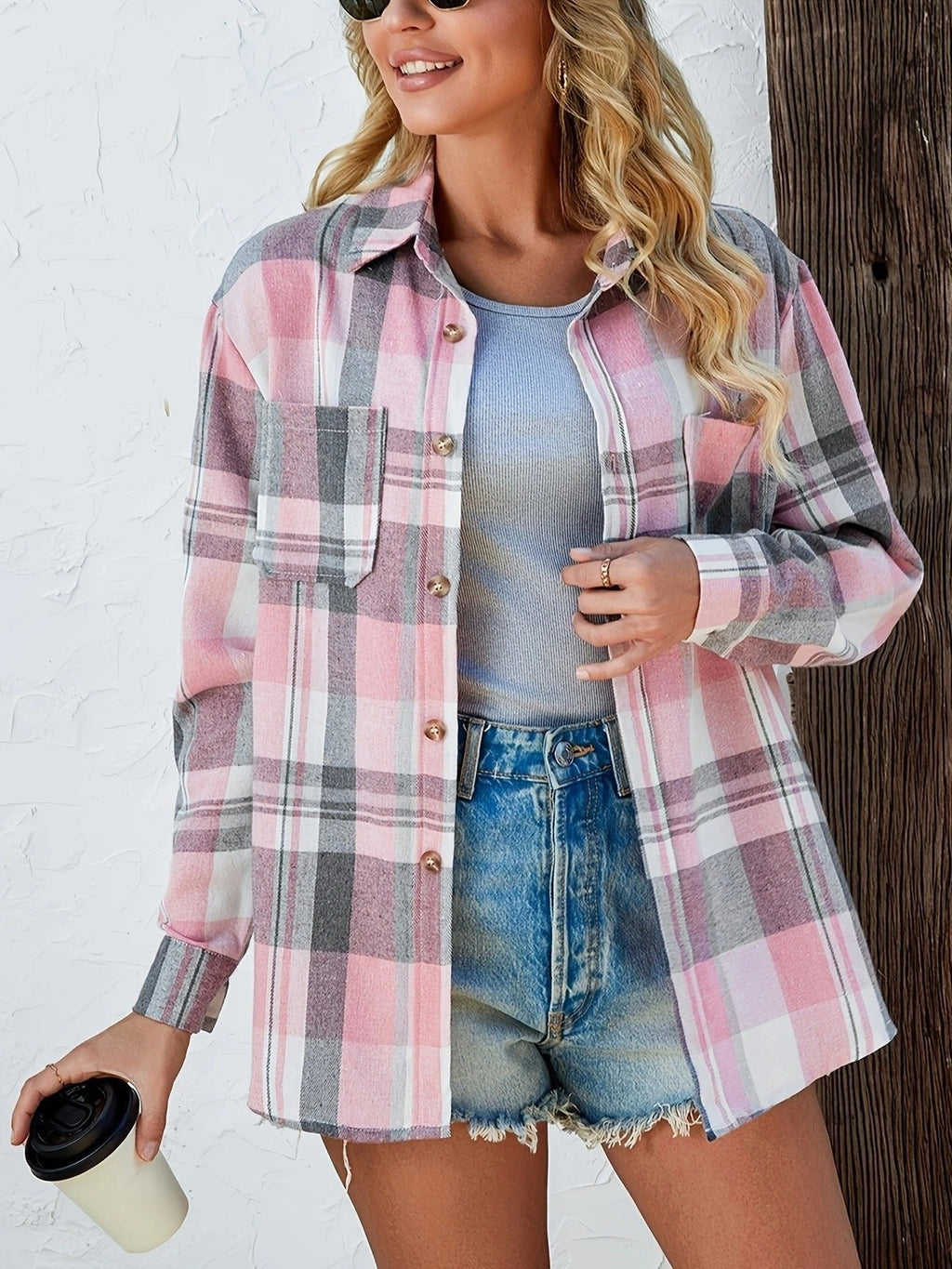Women's Oversized Plaid Flannel Open-Front Shirt