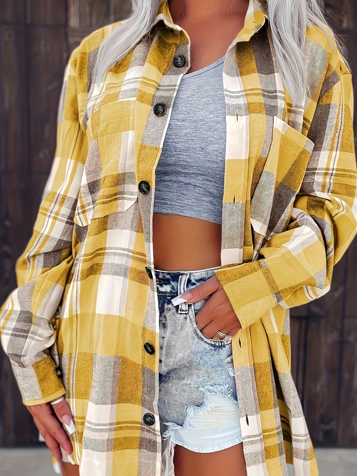Women's Oversized Plaid Flannel Open-Front Shirt - Yellow