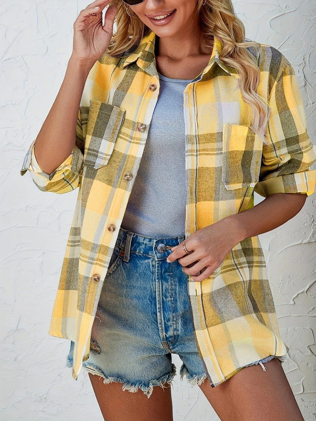 Women's Oversized Plaid Flannel Open-Front Shirt
