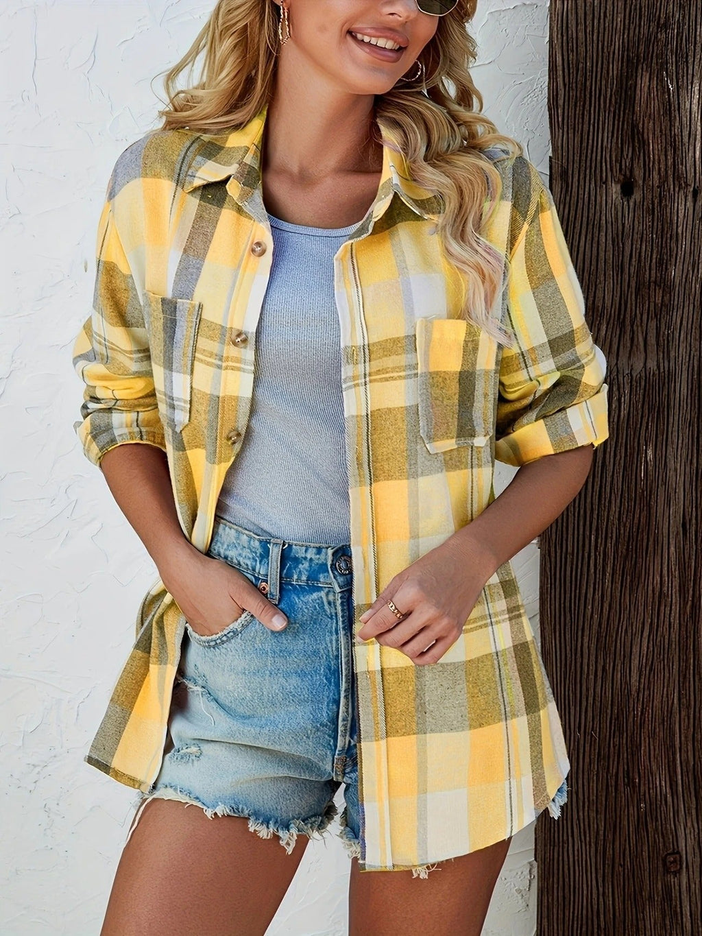 Women's Oversized Plaid Flannel Open-Front Shirt