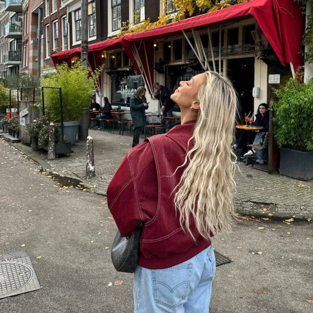 Women's Oversized Contrast-Stitch Bomber Jacket