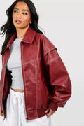 Women's Oversized Contrast-Stitch Bomber Jacket - Wine Red