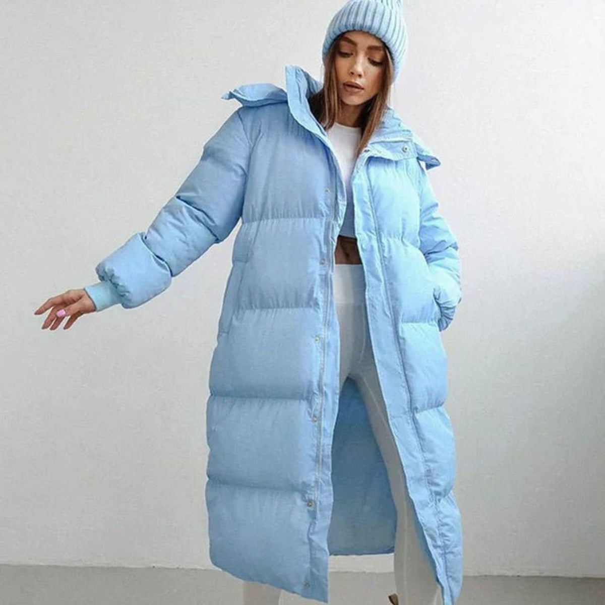 Women's Oversized Below-Knee Hooded Puffer Coat - Blue