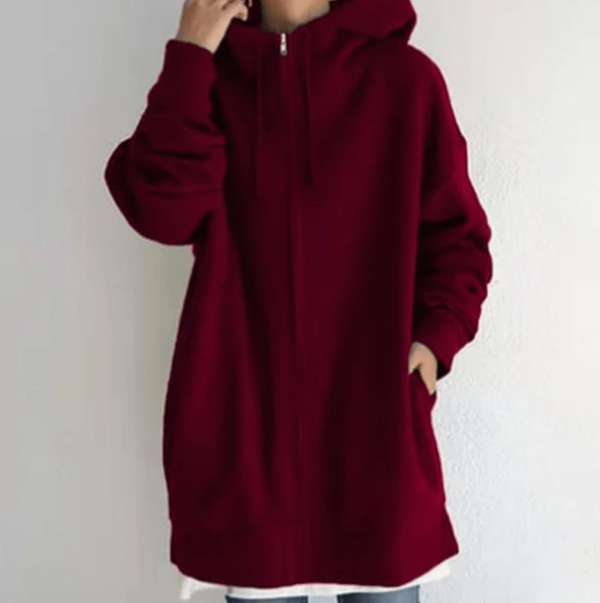 Women's Oversized Longline Full-Zip Hoodie - Wine