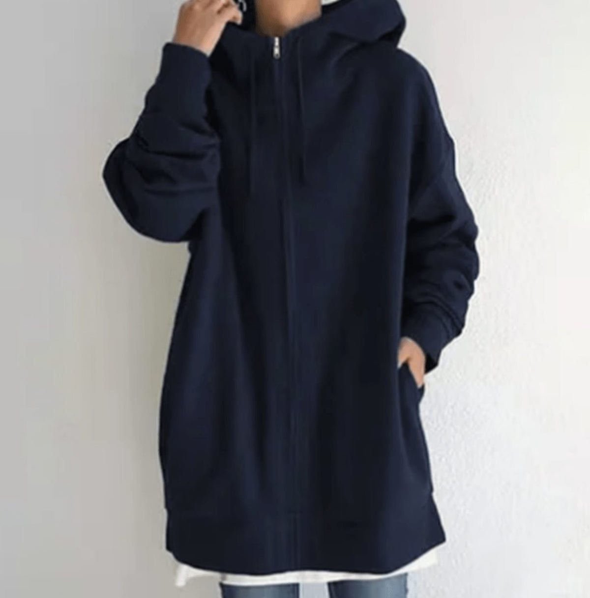 Women's Oversized Longline Full-Zip Hoodie - Navy Blue