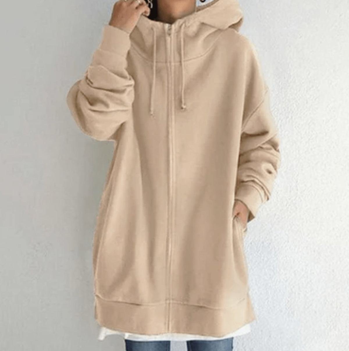 Women's Oversized Longline Full-Zip Hoodie - Khaki