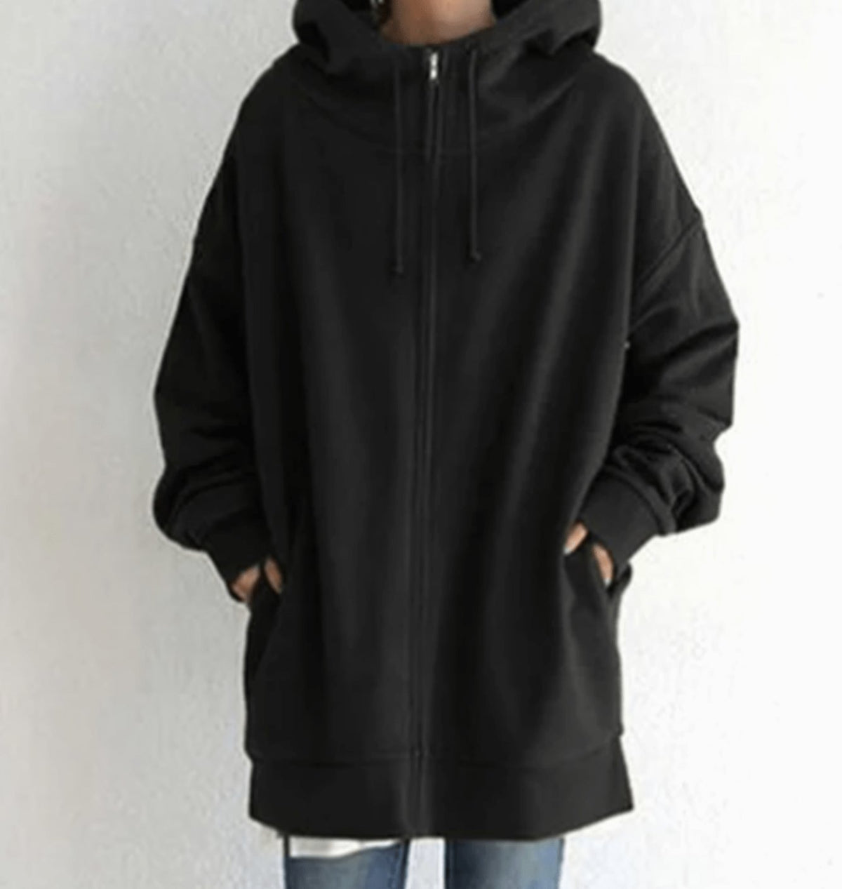 Women's Oversized Longline Full-Zip Hoodie - Black