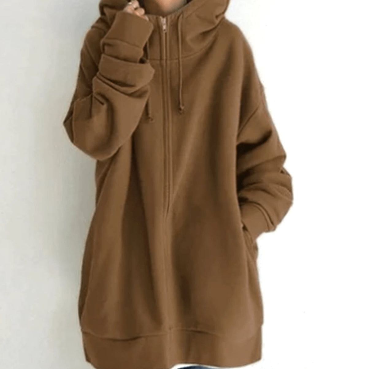 Women's Oversized Longline Full-Zip Hoodie - Brown