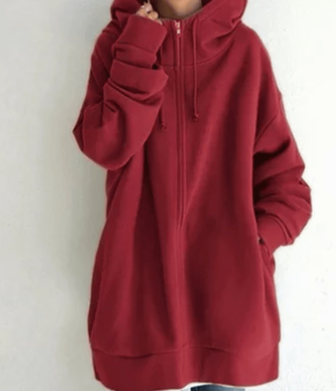 Women's Oversized Longline Full-Zip Hoodie - Red