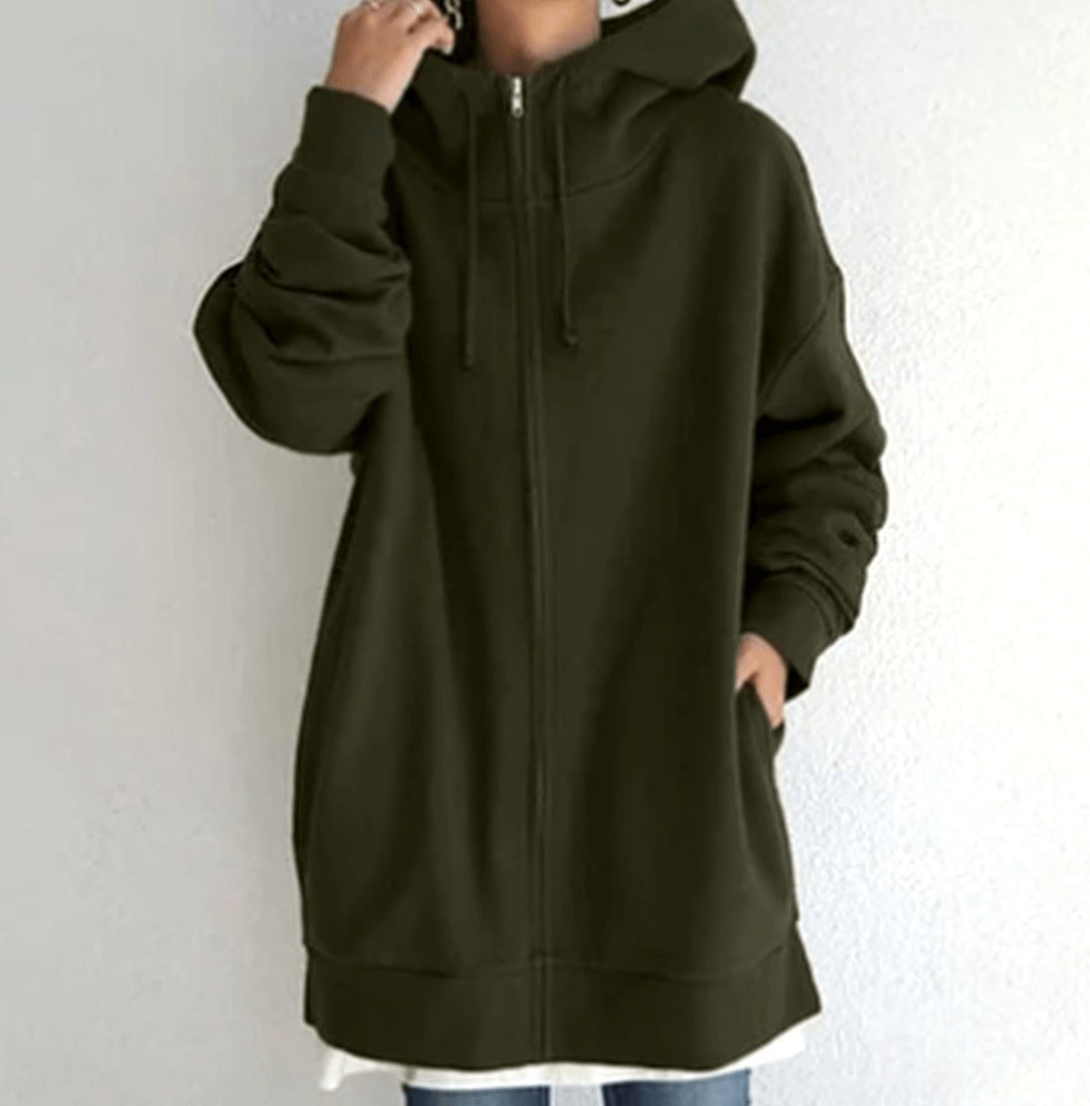 Women's Oversized Longline Full-Zip Hoodie - Army Green