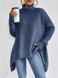 Women's Oversized High-Low Turtleneck Sweater - Ocean Blue