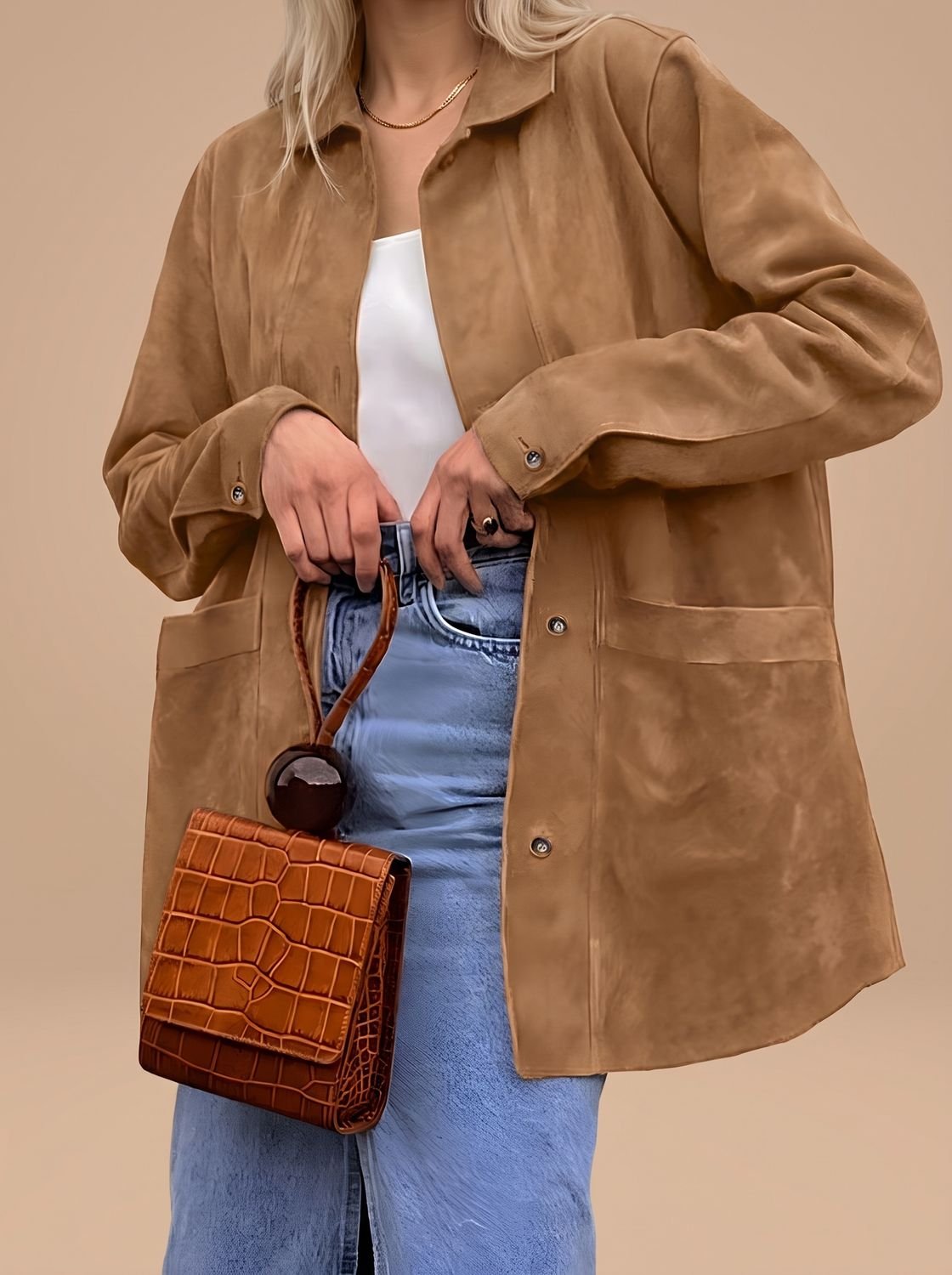Women's Oversized Suede-Style Collared Shirt Jacket - Coffee Brown