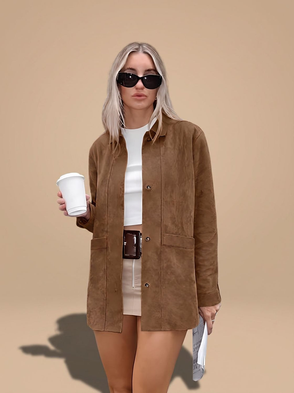 Women's Oversized Suede-Style Collared Shirt Jacket