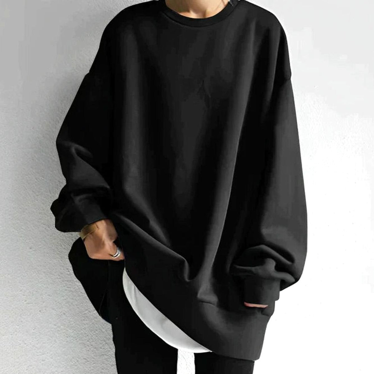 Women's Oversized Drop Shoulder Tunic Sweater - Black