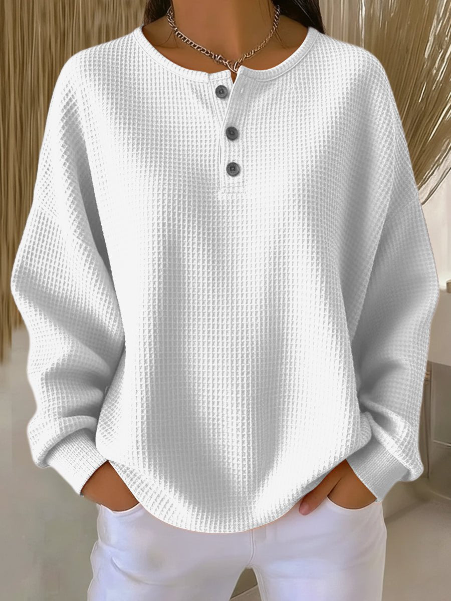 Women's Waffle Knit Henley Pullover Sweater - White