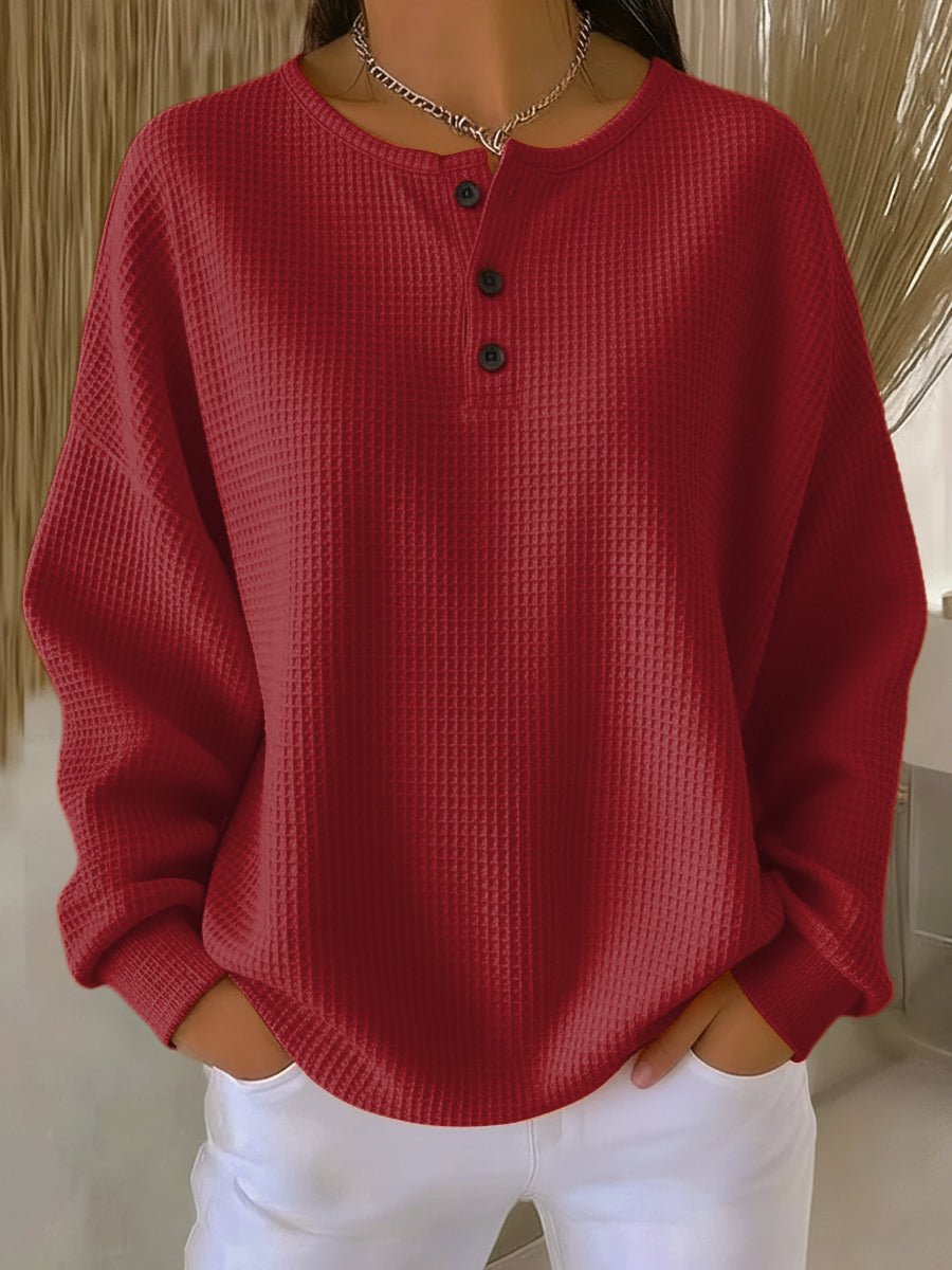 Women's Waffle Knit Henley Pullover Sweater - Red