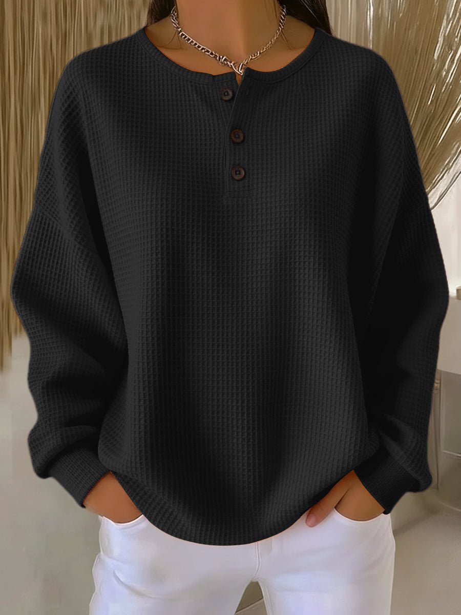 Women's Waffle Knit Henley Pullover Sweater - Black