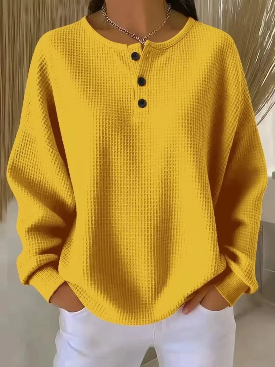 Women's Waffle Knit Henley Pullover Sweater - Yellow