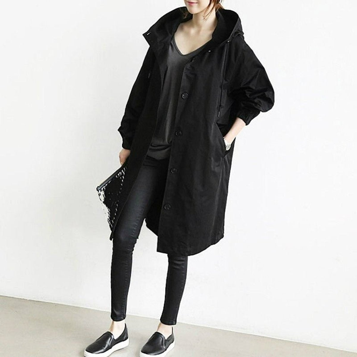 Women's Oversized Water-Resistant Button-Front Trench Coat - Black