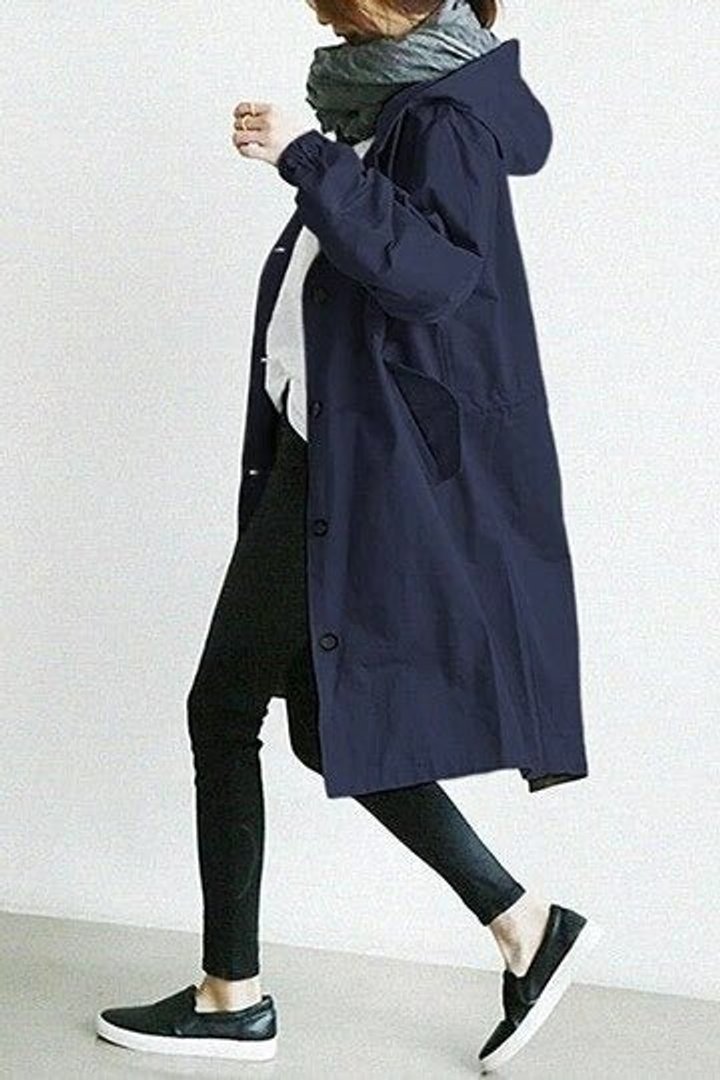 Women's Oversized Water-Resistant Button-Front Trench Coat - Navy Blue