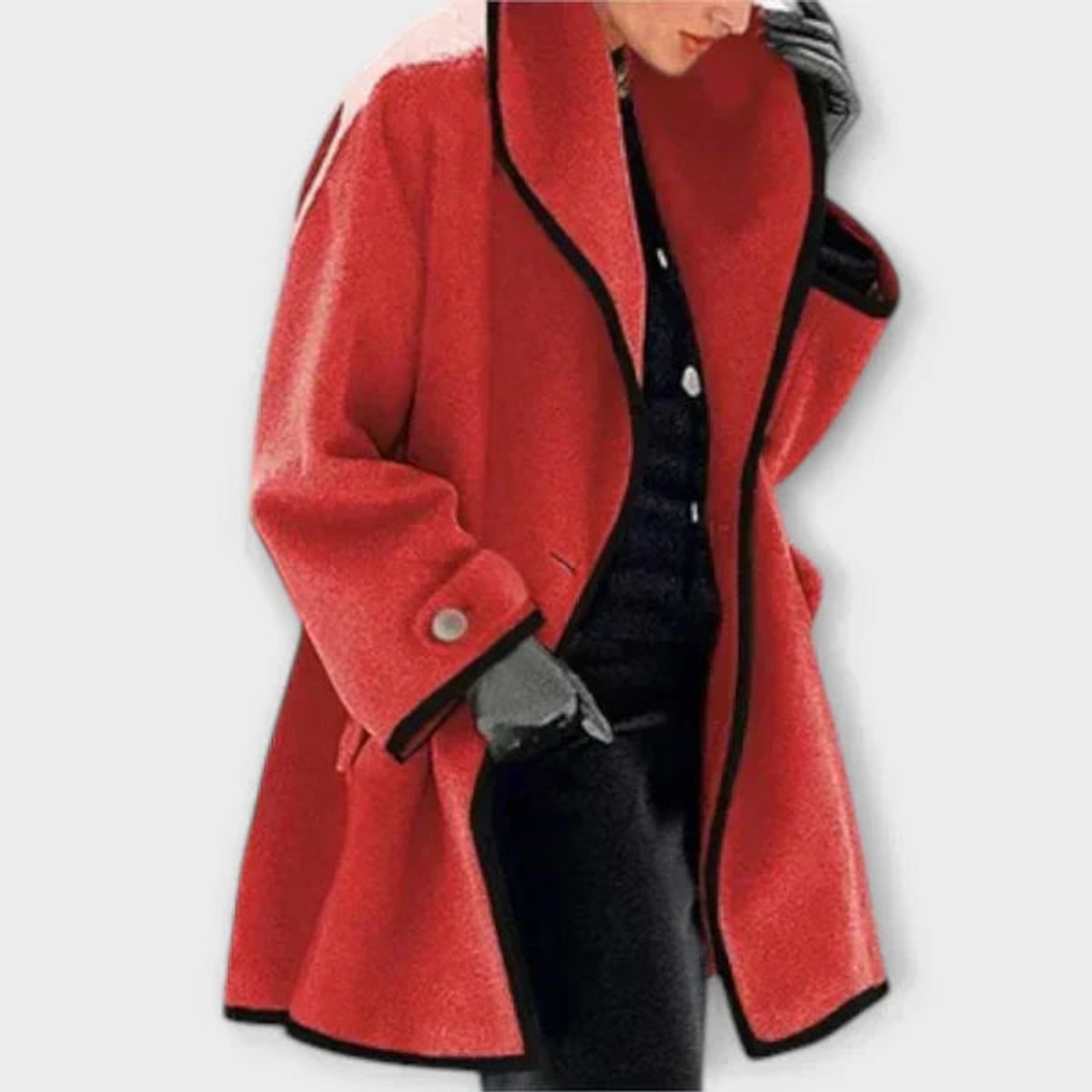 Women's Oversized Wool-Blend Contrast-Trim Coat - Red