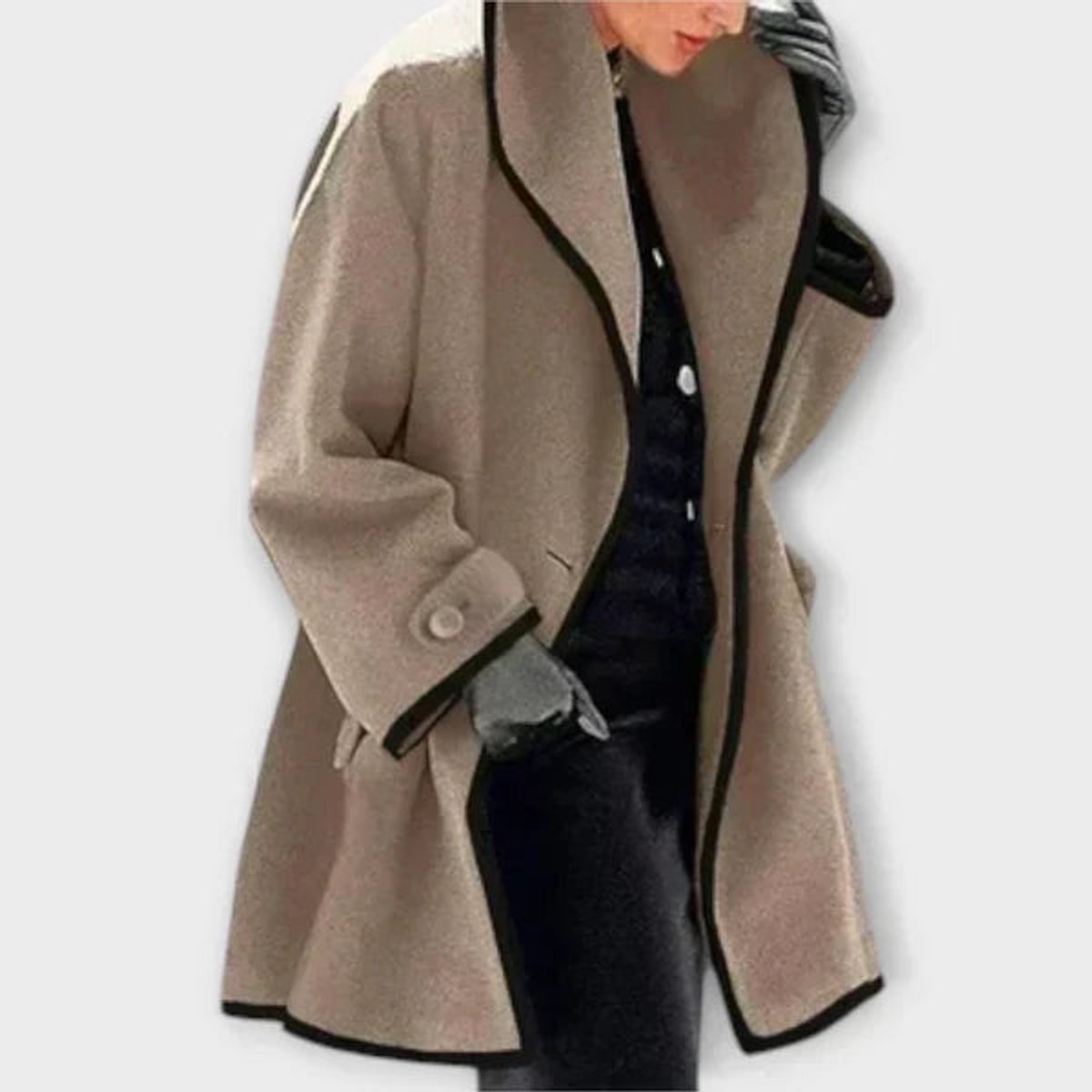 Women's Oversized Wool-Blend Contrast-Trim Coat - Khaki