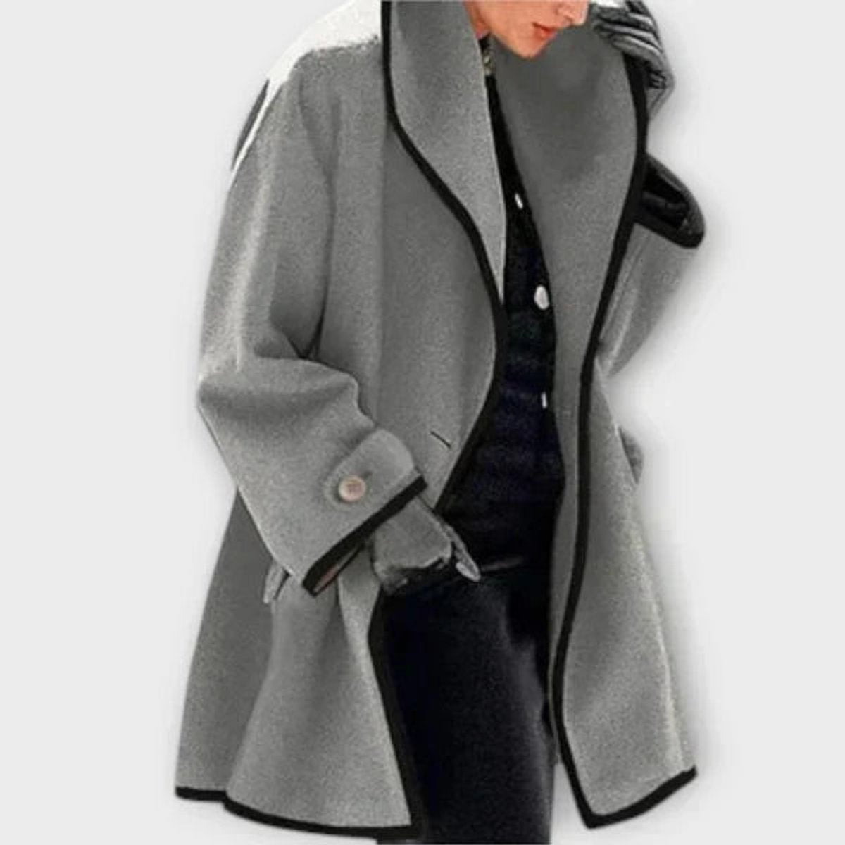 Women's Oversized Wool-Blend Contrast-Trim Coat - Gray