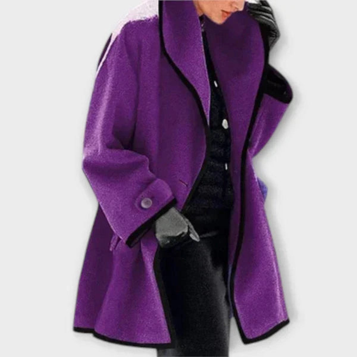 Women's Oversized Wool-Blend Contrast-Trim Coat - Purple