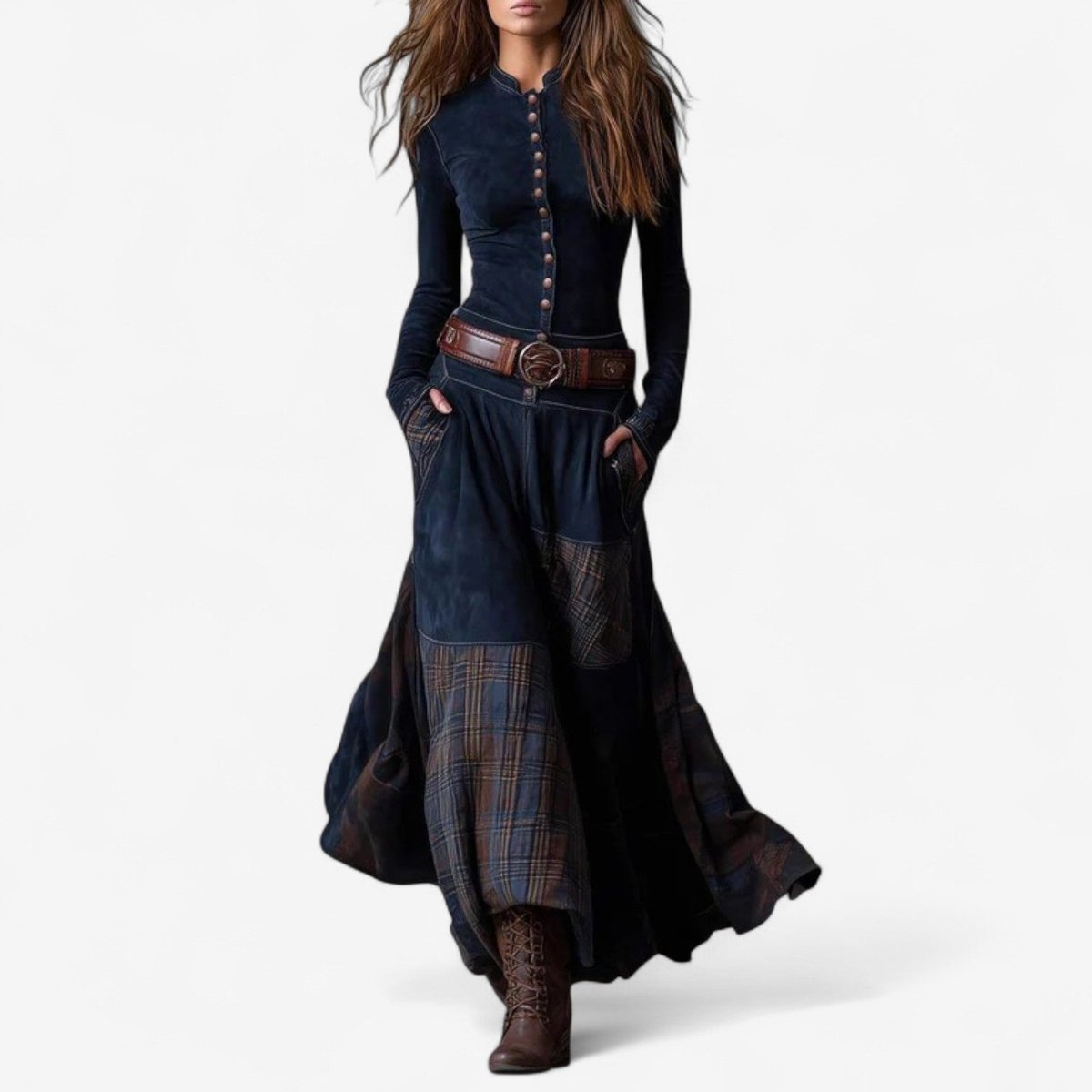 Women's Plaid Patchwork Maxi Dress